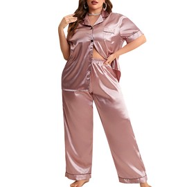 Kissonic Plus Size Satin Silk Pajamas Set for Women Short Sleeve Button Down Pjs Long Pants Birthday Sleepwear(Pink-XL)