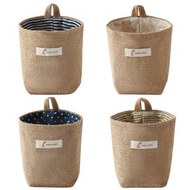 KICPUK 4 x Cotton Linen Hanging Storage Bag, Wall Mounted Storage Hanging Basket, Foldable Small Storage Basket, Hanging Basket with Carry Handle, Storage for Keys, Toys, Cosmetics