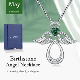 JiaYangJY Silver Guardian Angel Necklace 18K White Gold Plated Heart Infinity Pendant May Emerald Jewelry Gifts for Her