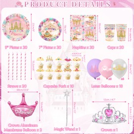 Princess Party Tableware Supplies, Includes Happy Birthday Backdrop Banner, Plate, Balloons, Napkins, Tablecloth, for Girls Princess Birthday Baby Shower Party Decorations Serve 20 Guests (Set A)