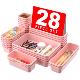 A-LuGei 【28PCS】 Drawer Organizer, Bathroom Organizers and Storage, Makeup organizer, Desk drawer organizer, Storage Bins for Kitchen Office Bedroom Vanity Jewelry Pantry Garage【Pink】【4Size】