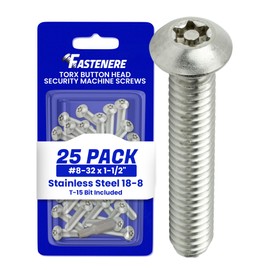 Fastenere Torx Security Machine Screws - 8-32 x 1-1/2" (25-Pack) Stainless Steel, Tamper-Resistant, Button Head Screws, Bolt Screw for Higher Level of Safety & Theft Prevention