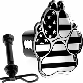 K9 Dog Paw Print Black Flag Metal Hitch Cover with Anti-Rattle Pin Bolt (Fit 2" receivers, Chrome and Black)