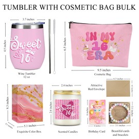 Sweet 16 Gifts for Girls, Sweet 16 Party Decorations,16th Birthday Gifts for Girls, Teen Daughter Sister Bestie Granddaughter Christmas 16 Year Old Girl Cosmetic Bag Wine Tumbler Bracelets Candle