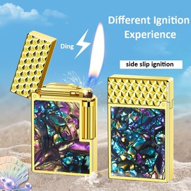 Lighters Soft Flame Lighter, Traditional Flame Cigar Lighter with Adjustable Flame Dial, Vertical Ignition Roller, Colorful Sea Shell Lighter (Black, Red Wood Pattern)