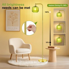 Ivyemons Modern Glass Floor Lamp for Living Room, Dimmable Mid Century Standing Lamp with Green Ribbed Glass Shade, 67”Tall Lamps for Bedroom Study Room Office Brushed Gold（2700K LED Bulb Included）