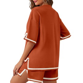 Tankaneo Womens 2 Piece Outfits Tracksuits Summer Short Sleeve Knit Sweater Tops and Shorts Matching Lounge Set