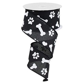 Paw Print & Dog Bone Wired Edge Ribbon, 10 Yards (Black, White, 2.5")