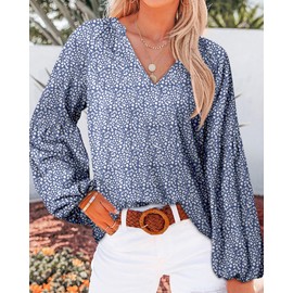 BTFBM Women Casual Boho Blouse Fashion Fall Shirts V Neck Long Puff Sleeve Lightweight Chiffon Spring Summer Tops 2024(Leopard Dark Blue, Medium)