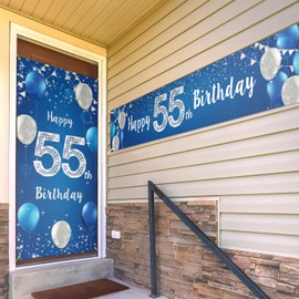 Happy 55th Birthday Door Cover Porch Banner Sign Set - 55 Years Old Birthday Decoraions Party Supplies for Men - Blue