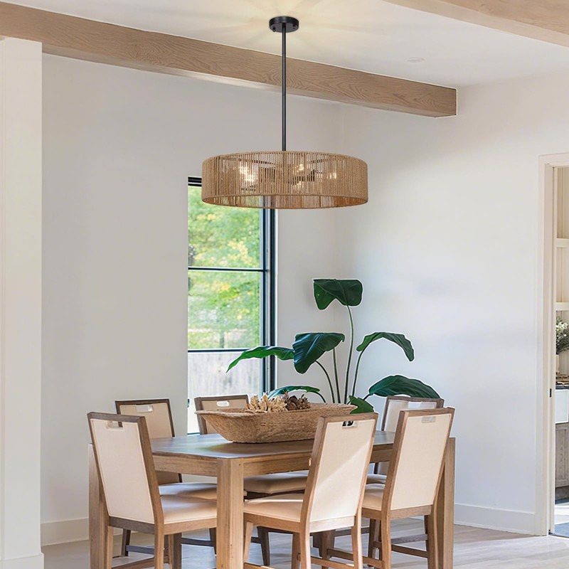 Cunfash 6-Light Black Boho Rattan Semi-Flush Mount Ceiling Light, Farmhouse