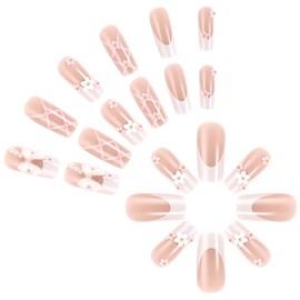 24 Pieces Press On Nails, Rhinestone Pink False Nails, French False Nails with Nail Glue, Artificial False Nails for Women Girls Nail Art