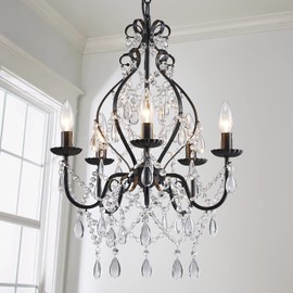 Saint Mossi 5-Lights Crystal Chandelier with Plug, Farmhouse Pendant Light Fixtures, H24 x D17,Chain Adjustable Max 59", Black Finish