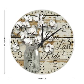 12x12 Inch Wooden Wall Clock One Last Ride Coffee Decor for Classroom Modern Cotton Flowers Buds Balls Wall Clocks Round Wooden Wall Clock Country for Indoor Fitness Room