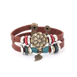 Morella Women's Leather Bracelet Brown Double with Rings Leaf and Flower, Leather, Without Stone