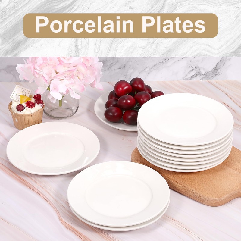 12 Pcs Porcelain Dessert Plates, 8 In Small Appetizer Plates,