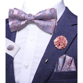 Hi-Tie Mens Pink Silk Paisley Bow Ties Pre-Tied Bowties Lapel Pin Pocket Square Cufflinks Set Wedding Adjustable Bow Tie
