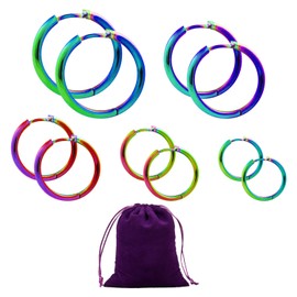 CVDYWDJIE 5 Pairs Stainless Steel Earrings, 1 Purple Storage Bag, Colourful Hoop Earrings, Hoop Earrings, Stainless Steel Hoop Earrings for Women
