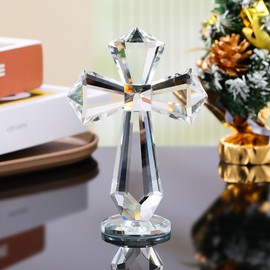 Hand-Carved Crystal Cross Desk Decor - 6 Inch Spiritual Gift for Christians, Clear K9 Crystal Religious Figurine with 360° Faceted Design, Home Altar & Office Inspirational Ornament (Transparent)