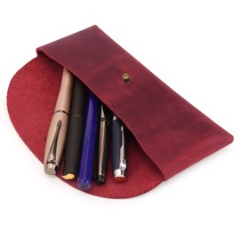 LONDO Genuine Leather Retro Pen and Pencil Case - Metal Snap Fastener, Pencil Pouch Stationery Bag