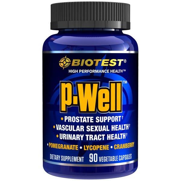 Biotest P-Well Prostate Health Supplement N.O. Booster - Advanced Urinary Tract Support - Pomegranate Punicalagins 180mg, Cranberry 500mg, Lycopene 30mg Per Serving - Non-GMO Vegan – 90 Capsules