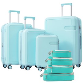 Merax Luggage 4 Compression Packing Cubes Hardside Expandable Suitcase, Light Blue, 8-Piece Set