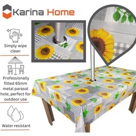 Karina Home Wipe Clean Garden Tablecloth with Parasol Hole Grey and Yellow Sunflower 200cm x 140cm