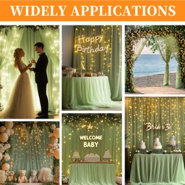 Patioman 10x10ft Green Tulle Backdrop Curtain with String Lights, Wrinkle-Free Sheer Wedding Backdrop for Birthday Parties, Baby Showers, Bridal Showers, Photo Shoots and Home Decorations, Green