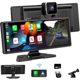 Carplay Screen for Car,10.26" HD IPS Wireless Portable car Stereo for Apple Carplay&Android Auto,Car Audio Receivers with 4K Dash Cam/1080P Rear Camera,GPS Navigation,Mirror Link,FM,Voice Control