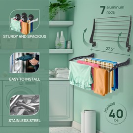 LEBENSART Space-Saving Stainless Steel Wall-Mounted Vertical Laundry Drying Rack - Folding Indoor/Outdoor - 27'' Wide - 33 lbs Capacity (Anthracite Grey)