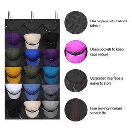 Dofilachy Hat Rack - Hat Organizer - Hat Racks for Baseball Caps, Visible Hat Holder - Baseball Hat Rack for Wall Door with 3 Hooks, 18 Deep Pockets(Black, medium)
