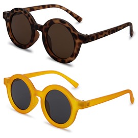 COASION Cute Round Kids Sunglasses UV Protection Flexible Rubber Glasses Shades for Toddler Girls Boys Age 2-10 (Leopard/Brown Lens + Yellow/Grey Lens)
