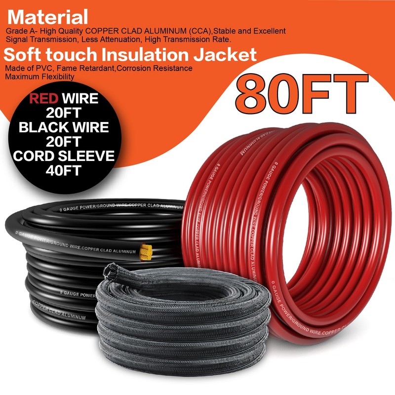1/0 Gauge Wire(20ft Each - Red/Black) Copper Clad Aluminum CCA