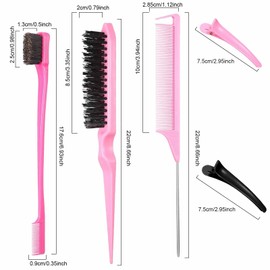 SNONESIY Sleek Bun Brush, Sleek Brush, Toupee Brush, Sleek Braid Brush, Comes with 8 Pieces (Rose Red + Black) Duckbill Clips, Suitable for Women and Girls (Black + Pink)