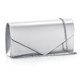 Toptime Vegan Leather Clutch Purse for Women Formal, Metallic Glimmering Evening Bag with Detachable Crossbody Chain, Silver Clutch Envelope Women Handbags for Prom Cocktail Wedding Party