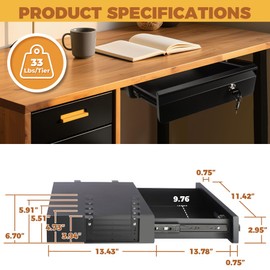 POPMOON 14 In Under Desk Drawer,Under Desk Pull Out Drawer with Lock and Keys,Adjustable Height, Metal Storage Drawer with Slide Extension Mounted Under Flat Wooden Table or Workbench,Black