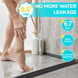 DLYYPLUS Shower Threshold Water Dam Barrier 67", Silicone Sealant Included, Collapsible Self-Adhesive Water Blocker, Shower Door Water Stopper for Floor Bathroom Kitchen Bathtub Sink