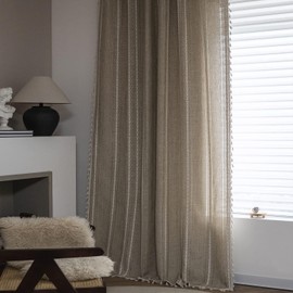 ColorBird Boho Linen Curtains for Bedroom, Khaki Living Room Curtains Striped Farmhouse Curtains 84 inch Length 2 Panels Set, Embroidered Room Darkening Drapes for Dining Nursery Doorways