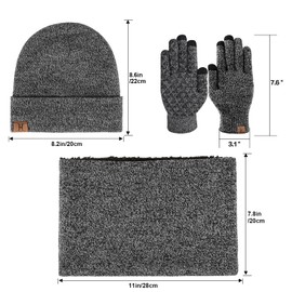 TAGVO Winter Beanie Hat, Scarf, Touch Screen Gloves 3 in 1 Warm Accessories Kit, Soft Fleece Inner Lining Great Warm, Stretchy Knit Beanie Cap, Elastic Neck Warmer, 3 Fingers Screen Touch Gloves Grey
