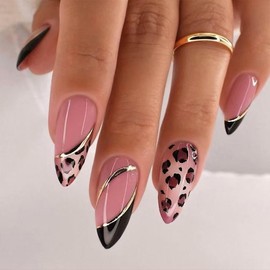 Leopard Press on Nails Medium Almond Fake Nails with Black French Tip Glue on Nails Press ons Glossy Gold Line Acrylic Nail Full Cover Chrome Striped Fall Stick on Nails for Women Manicure 24Pcs
