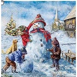 Servietten Weihnachten 20 Napkins Children Building Snowman | Winter | Christmas | Table Decoration 33 x 33 cm