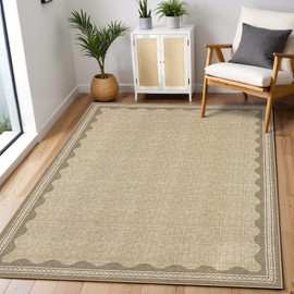 Scalloped 3x5 Rug Washable Non-Slip Low-Pile Indoor Rugs for Entryway Solid Tan Jute Digital Printing Modern Carpet for Kitchen Bedroom Living Room Bathroom Indoor Mat