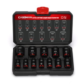 CASOMAN 12-Piece 3/8" Drive Mid-Length Impact Socket Set, 12-Point, SAE, 5/16-Inch to 1-Inch, CR-MO Steel, with Storage Case