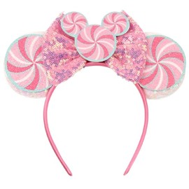 LSHDXD Christmas Sequin Mouse Ears Bow Headband Candy Cute Christmas Candy Pattern Hairband Headpiece for Party Costume (pink)
