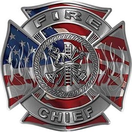 Fire Chief Maltese Cross with Flames Fire Fighter Decal with American Flag