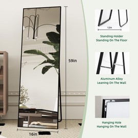 Beauty4U 65" x 24" Full Length Mirror with Stand, Black Wall Mounting Full Body Mirror, Metal Frame Full-Length Tempered Mirror for Living Room, Bedroom