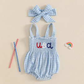 MERSARIPHY 4th Of July Baby Girl Outfits Fourth Of July Usa Embroidery Plaid Smocked Romper Infant Independence Day Clothes (Blue USA, 6-12 Months)