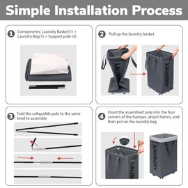 Goodpick Laundry Basket with Wheels, Laundry Hamper with Removable Wash Bag, Clothes Hamper, Rolling Laundry Basket with Wheels, 75L, Grey