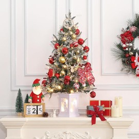 3 Ft Christmas Tree with Snowman Base, Fiber Optic Light-Style Artificial Christmas Tree with 78 Led Lights, 8-Mode Battery Box, Red Berry Decorations, Holiday Ready, Easy Installation