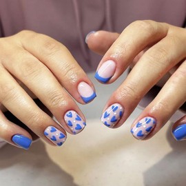 Valentines Press on Nails Short Square Fake Nails Blue False Nails with Heart Dot Designs Nude Stick on Nails Glossy Glue on Nails Valentines Nails Acrylic Nails for Women Girls 24 Pcs